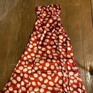Red & white polka dot strapless long formal dressy dress w/Black sash. Size S
